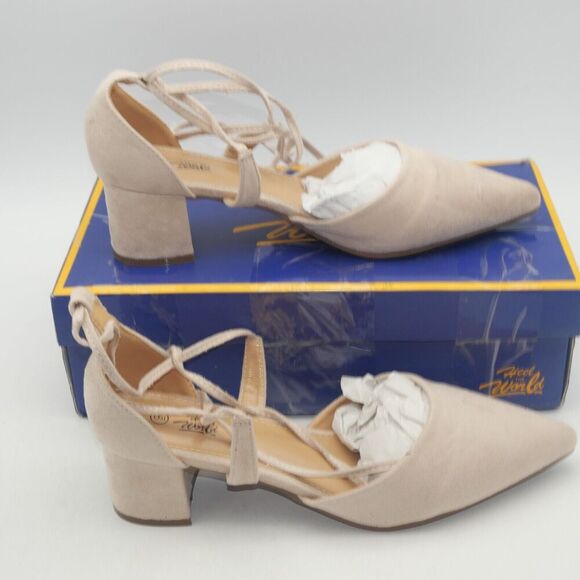 NEW Heel The World Women's 9 Nude Tan Beige Strappy Lace Up Chunky Heels - Picture 5 of 11